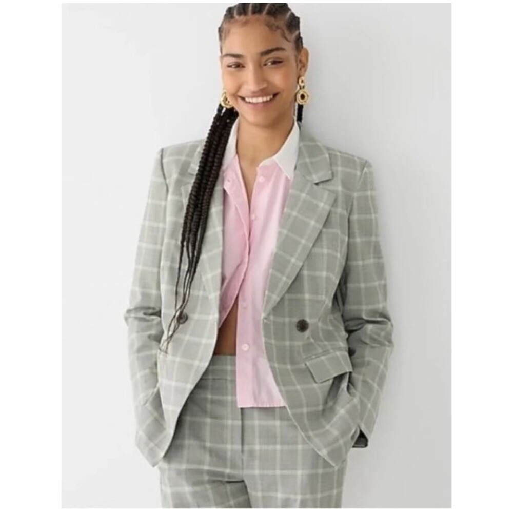 J Crew Blazer Tollegno Plaid Double Breasted Black Cream Wool 8 Preppy Classic